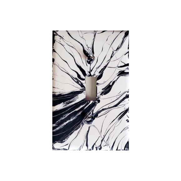 Hand Crafted White and Black Abstract Design Single Light Switch Plate - Picture 2 of 2